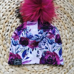 Tuque fleurie/lilas grosse fleur - SUR COMMANDE