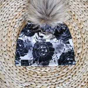 Tuque fleurie noir/blanc - SUR COMMANDE